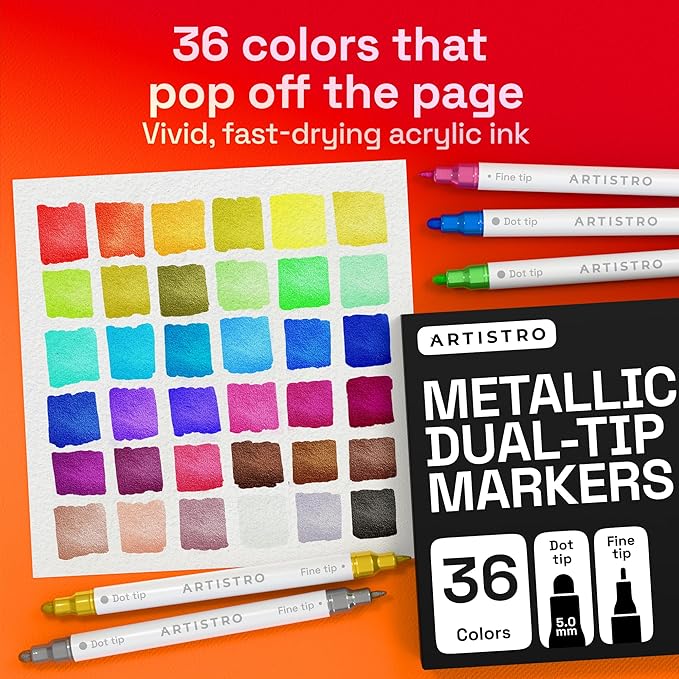 ARTISTRO 36 Metallic Precision Dual-Tip Acrylic Paint Markers – Paint Pens Set with Dot & Fine Tips for Fabric, Rock, Glass, Wood, Coloring Books – Classroom & Art Supplies Teacher Appreciation Gift