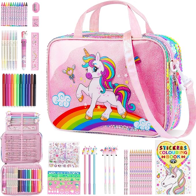 D-FantiX Unicorn Art Supplies Convertible Bag for Girls, 63Pcs Coloring Drawing Set for Kids with Fruit Scented Markers, Portable Travel Activity Kit, Birthday Gift for 4 5 6 7 8-12 Year Old Girls