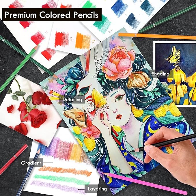 KALOUR 180 Colored Pencil Set for Adults Artists - Rich Pigment Soft Core -12 Metallic Pencil - Ideal for Coloring Drawing Sketching Shading Blending - Vibrant Color（Tin Case）