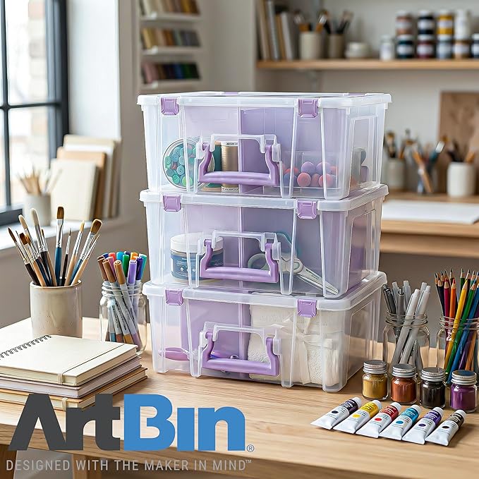 ArtBin Super Satchel Double Deep Compartment Box with Purple Accents in a 3 Pack - Art Storage with 8 Removable Compartments, Smart Closure for Craft Supplies (Purple - Pack of 3)