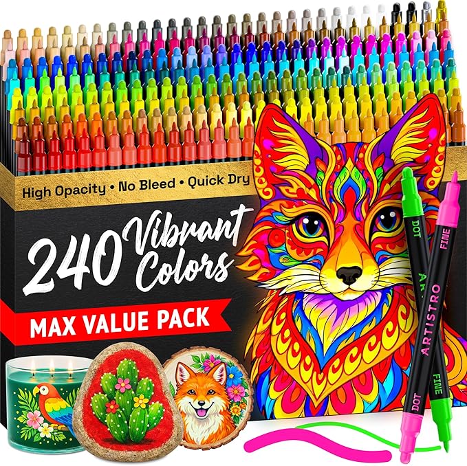 ARTISTRO 240 Precision Dual-Tip Acrylic Paint Markers – Paint Pens Set with Dot & Fine Tips for Fabric, Rock, Glass, Wood, Coloring Books – Classroom & Art Supplies Gift – Teacher Appreciation Gift
