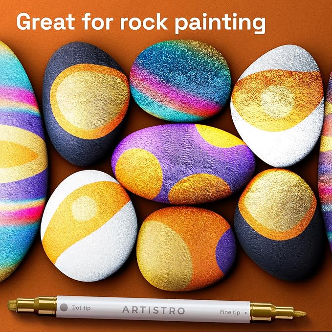 ARTISTRO 36 Metallic Precision Dual-Tip Acrylic Paint Markers – Paint Pens Set with Dot & Fine Tips for Fabric, Rock, Glass, Wood, Coloring Books – Classroom & Art Supplies Teacher Appreciation Gift