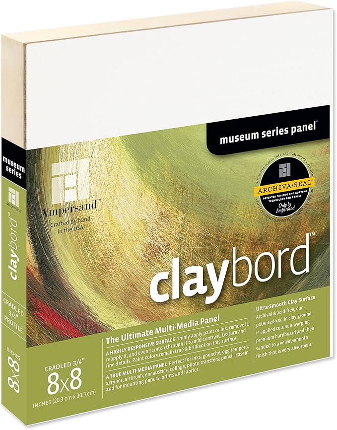 Ampersand Art Supply Claybord | 8" x 8" | 3/4" Cradled Profile | Kaolin Clay Painting Panel for Acrylic, Ink, Watercolor & Mixed Media | Canvas & Paper Alternative