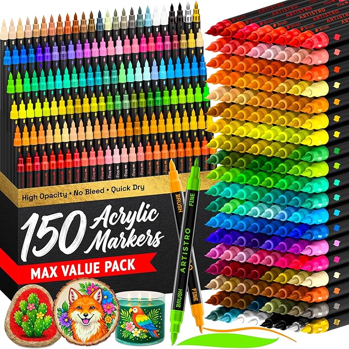ARTISTRO 150 Dual Tip Acrylic Paint Markers, Paint Pens, Drawing Markers for Textile, Rock, Glass, Wood, Paper, Ceramic, Canvas, DIY - Art Supplies Kit for Kids and Adults (Brush + Fine)