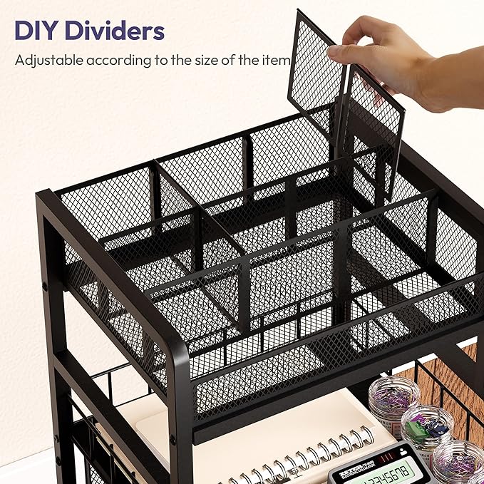 SWTYMIKI Rolling Cart with Drawers - Metal Craft Cart with Wheels, DIY Divider and Wood Shelf, Art Supply Organizer for Under Desk Storage, Utility Storage Cart for Home Office Studio, Black
