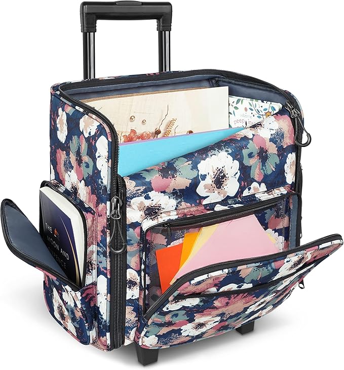 YOREPEK Rolling Craft Bag, Large Roller Scrapbook Tote with Wheels, Water Resistant Scrapbooking Rolling Briefcase for Scrap Book Stickers Supplies and Tools, Gift for Crafter Artist Teacher, Floral
