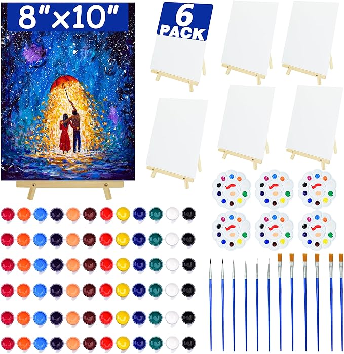 6 Pack 8x10 Inch Canvas and Easel Set, Sip and Paint Kit for Adults,Art Canvas Bulk with Easels Stands, Trays,Small Paint Brushes,12 Colors Mini Acrylic Paint Set for Couples and Party Supplies
