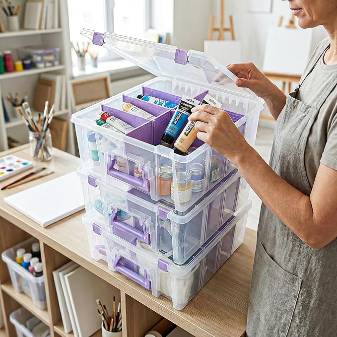 ArtBin Super Satchel Double Deep Compartment Box with Purple Accents in a 3 Pack - Art Storage with 8 Removable Compartments, Smart Closure for Craft Supplies (Purple - Pack of 3)