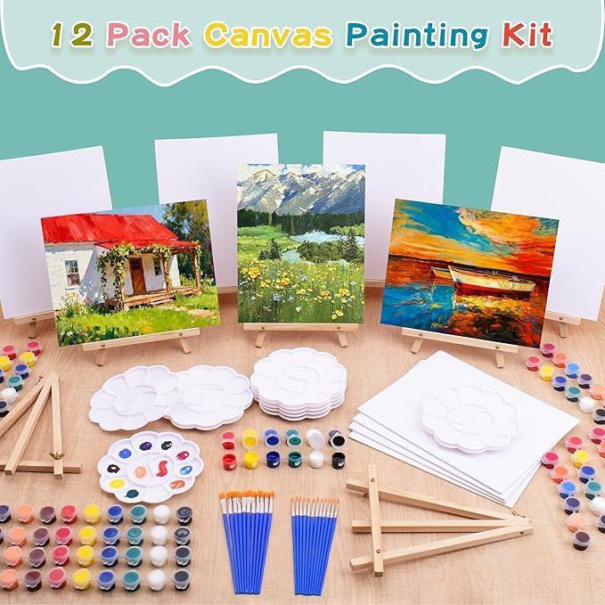 12Pack 8x10 Inch Canvas and Easel Set, Sip and Paint Kit for Adults,Art Canvas Bulk with Easels Stands, Trays,Small Paint Brushes,12 Colors Mini Acrylic Paint Set for Couples,Kids and Party Supplies