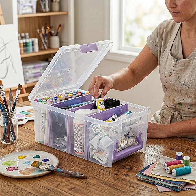 ArtBin Semi Satchel Portable Craft Organizer with 3 Dividers - Clear Plastic Storage Case for Art & Craft Supplies