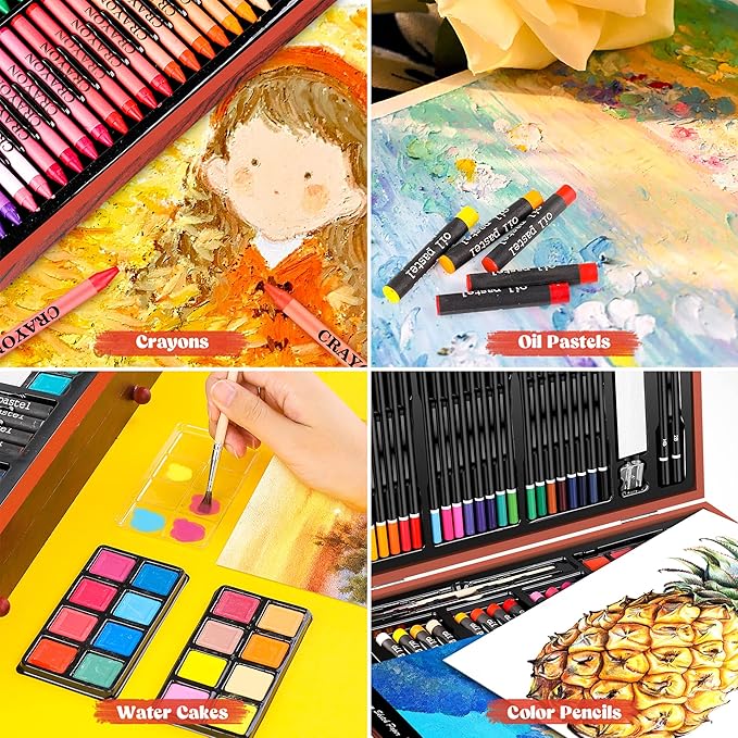 Caliart Art Supplies, 153-Pack Deluxe Art Set in Wooden Case, Crafts Drawing Painting Kits with 2 A4 Sketch Pads, Coloring Book, Birthday Gifts for Teens Girls Boys Kids Adults Artists