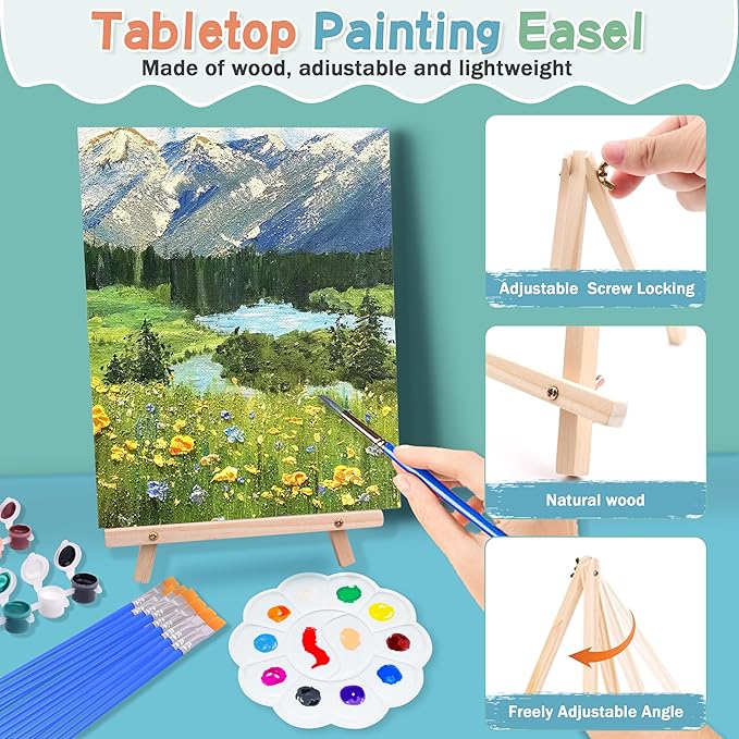 15Pack 8x10 Inch Canvas and Easel Set, Sip and Paint Kit for Adults,Art Canvas Bulk with Easels Stands, Trays,Small Paint Brushes,12 Colors Mini Acrylic Paint Set for Couples,Kids and Party Supplies