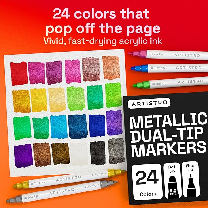 ARTISTRO 24 Metallic Precision Dual-Tip Acrylic Paint Markers – Paint Pens Set with Dot & Fine Tips for Fabric, Rock, Glass, Wood, Coloring Books – Classroom & Art Supplies Teacher Appreciation Gift