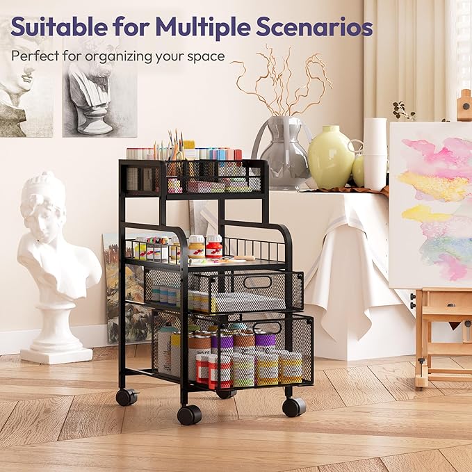 SWTYMIKI Rolling Cart with Drawers - Metal Craft Cart with Wheels, DIY Divider and Wood Shelf, Art Supply Organizer for Under Desk Storage, Utility Storage Cart for Home Office Studio, Black