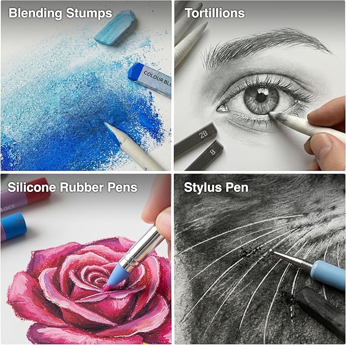COLOUR BLOCK 30pcs Sketching Tool Set with Soft Pastels Drawing Art Blenders, Blending Stumps, Tortillions, Sandpaper, Sketch Pencil Extender, Rubber Pens