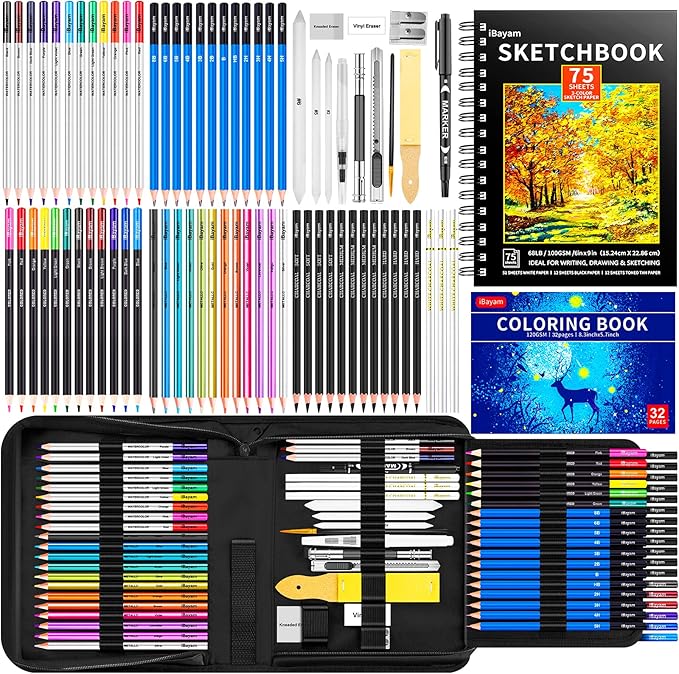 iBayam 78-Pack Drawing Set Sketching Kit Art Supplies for Adult, Christmas Gifts for Adult, with 3-Color Sketchbook, Coloring Book, Colored, Graphite, Charcoal, Watercolor & Metallic Pencil
