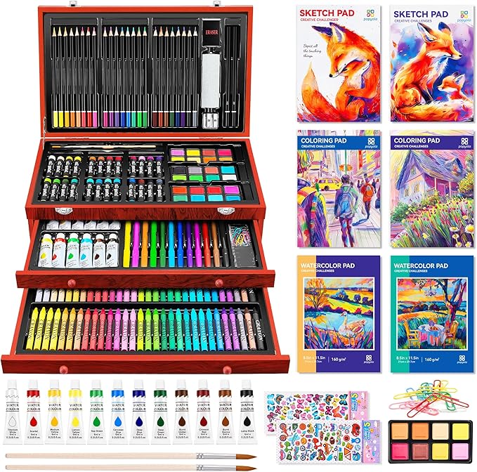 POPYOLA Art Supplies, 269 Piece Deluxe Art Set with 6 Drawing Pads, Watercolor Paints, Crayons, Colored Pencils Set in Wooden Case, Creative Gifts for Adults Artists Beginners