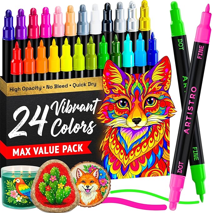 ARTISTRO 24 Precision Dual-Tip Acrylic Paint Markers – Paint Pens Set with Dot & Fine Tips for Fabric, Rock, Glass, Wood, Coloring Books – Classroom & Art Supplies Gift – Teacher Appreciation Gift