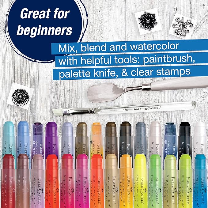 Faber-Castell Gelatos Dolce 2 Gift Set: 28 Watercolor Gel Crayons and Watercolor Supplies for Painting, Drawing & Art, Versatile Adult Pigment Crayons, Journaling Supplies for Artists & Hobbyists